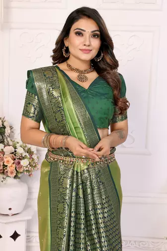 Parrot Green Tissue Saree With Jari Weaving Border And Classic Pallu With Contrast  Blouse