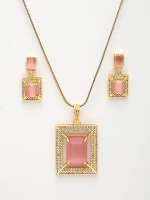  women gold-plated pink american diamond-studded pendant set with ring 2