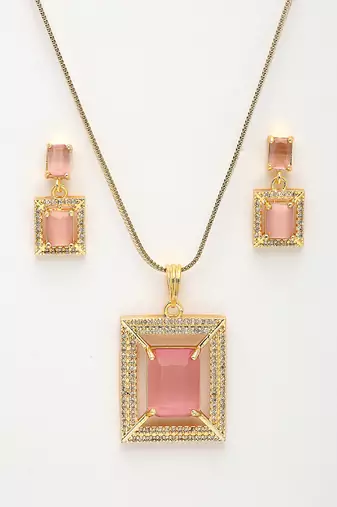  women gold-plated pink american diamond-studded pendant set with ring