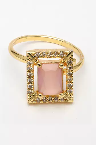 women gold-plated pink american diamond-studded pendant set with ring