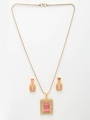  women gold-plated pink american diamond-studded pendant set with ring 4