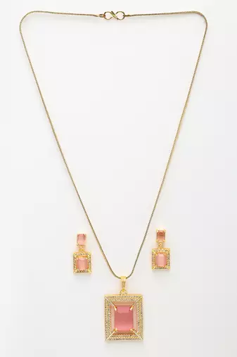  women gold-plated pink american diamond-studded pendant set with ring