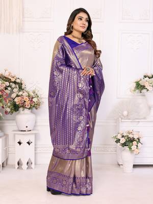 Blue Tissue Saree With Jari Weaving Border And Classic Pallu With Contrast  Blouse 2