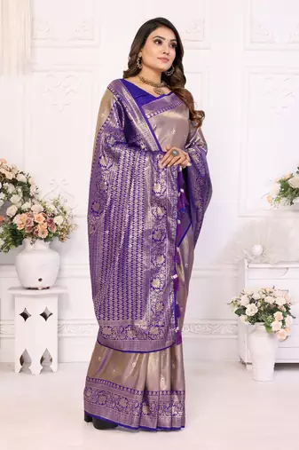 Blue Tissue Saree With Jari Weaving Border And Classic Pallu With Contrast  Blouse