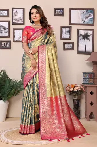 Parrot Green Banarasi Tissue Sare Meenkari Woven Border And Rich Pallu With Blouse