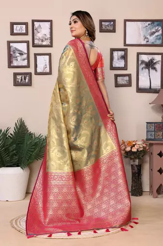 Parrot Green Banarasi Tissue Sare Meenkari Woven Border And Rich Pallu With Blouse