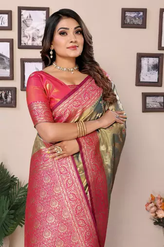 Parrot Green Banarasi Tissue Sare Meenkari Woven Border And Rich Pallu With Blouse