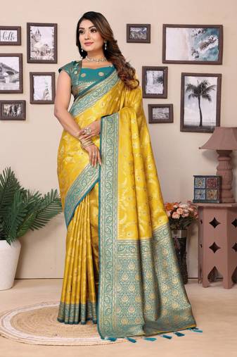 Mustard Banarasi Tissue Sare Meenkari Woven Border And Rich Pallu With Blouse