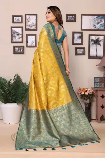 Mustard Banarasi Tissue Sare Meenkari Woven Border And Rich Pallu With Blouse