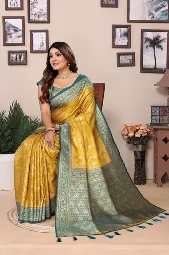 Mustard Banarasi Tissue Sare Meenkari Woven Border And Rich Pallu With Blouse