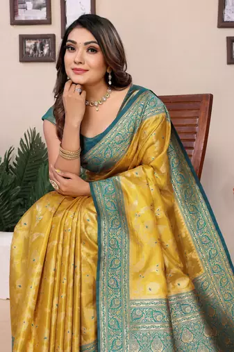 Mustard Banarasi Tissue Sare Meenkari Woven Border And Rich Pallu With Blouse