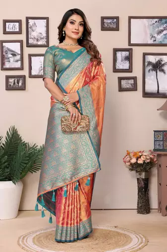 Light Orange Banarasi Tissue Sare Meenkari Woven Border And Rich Pallu With Blouse