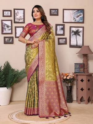Mehendi Banarasi Tissue Sare Meenkari Woven Border And Rich Pallu With Blouse 1