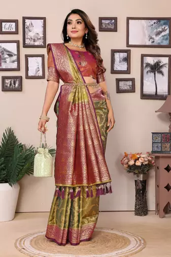 Mehendi Banarasi Tissue Sare Meenkari Woven Border And Rich Pallu With Blouse