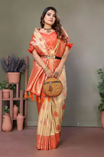 Orange Viscose Silk Saree Contrast Border And Woven Rich Pallu With Blouse