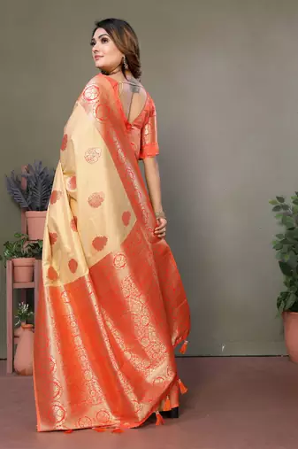 Orange Viscose Silk Saree Contrast Border And Woven Rich Pallu With Blouse