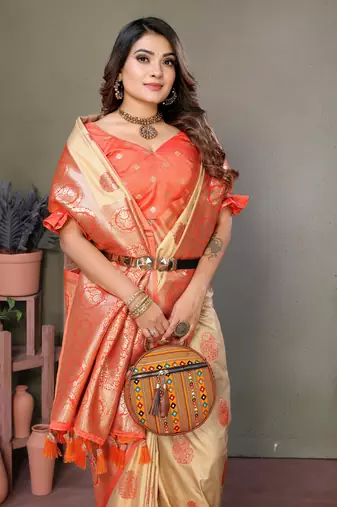 Orange Viscose Silk Saree Contrast Border And Woven Rich Pallu With Blouse