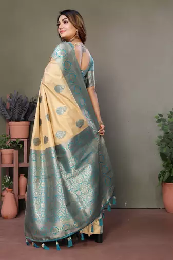 Sky Blue Viscose Silk Saree Contrast Border And Woven Rich Pallu With Blouse