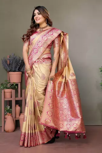 Pink Viscose Silk Saree Contrast Border And Woven Rich Pallu With Blouse