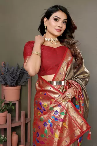 Mehendi Banarasi Tissue Silk Saree Paithani Woven Border And Classic Pallu With Blouse