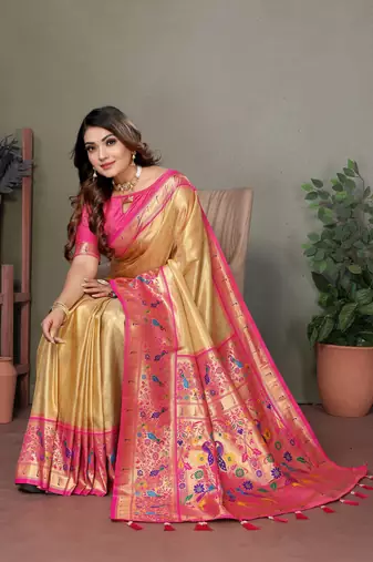 Light Yellow Banarasi Tissue Silk Saree Paithani Woven Border And Classic Pallu With Blouse