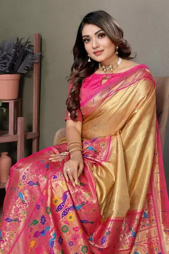 Light Yellow Banarasi Tissue Silk Saree Paithani Woven Border And Classic Pallu With Blouse