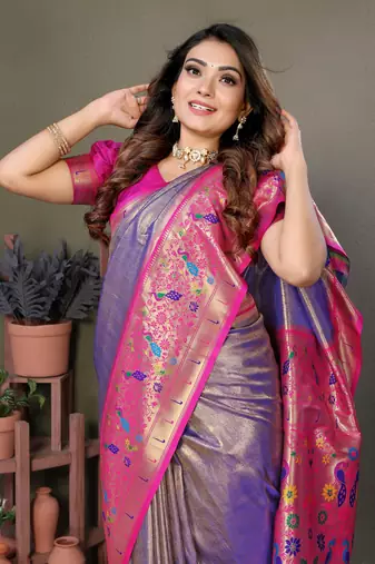 Purple Banarasi Tissue Silk Saree Paithani Woven Border And Classic Pallu With Blouse
