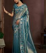 Embellished Sequin Siroski Stone Work Teal Blue Organza Silk Saree