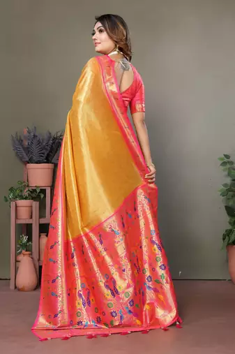 Yellow Banarasi Tissue Silk Saree Paithani Woven Border And Classic Pallu With Blouse