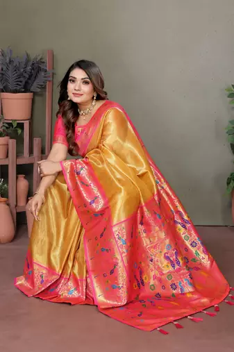 Yellow Banarasi Tissue Silk Saree Paithani Woven Border And Classic Pallu With Blouse