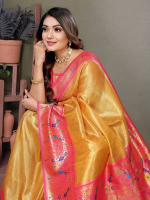 Yellow Banarasi Tissue Silk Saree Paithani Woven Border And Classic Pallu With Blouse 4