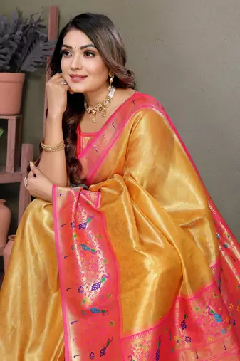 Yellow Banarasi Tissue Silk Saree Paithani Woven Border And Classic Pallu With Blouse