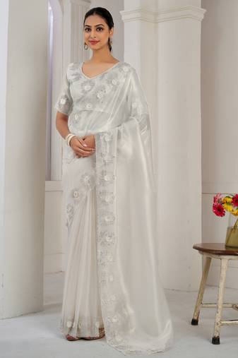 Embellished Sequin Siroski Stone Work White Organza Silk Saree