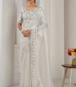 Embellished Sequin Siroski Stone Work White Organza Silk Saree