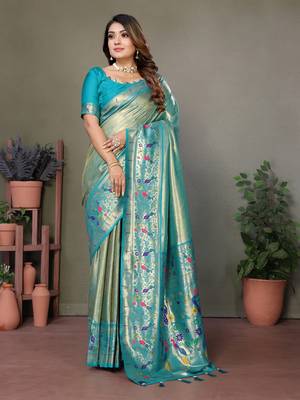 Teal Banarasi Tissue Silk Saree Paithani Woven Border And Classic Pallu With Blouse 1