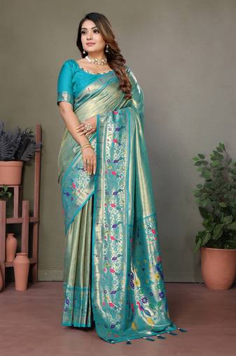 Teal Banarasi Tissue Silk Saree Paithani Woven Border And Classic Pallu With Blouse