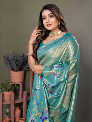Teal Banarasi Tissue Silk Saree Paithani Woven Border And Classic Pallu With Blouse 4