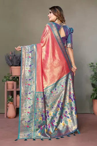 red Banarasi Tissue Silk Saree Paithani Woven Border And Classic Pallu With Blouse