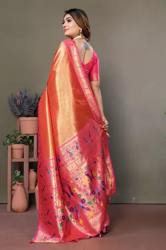 Orange Banarasi Tissue Silk Saree Paithani Woven Border And Classic Pallu With Blouse