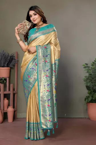 Cream Banarasi Tissue Silk Saree Paithani Woven Border And Classic Pallu With Blouse