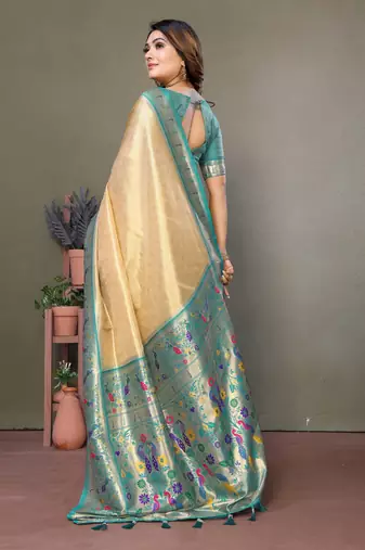 Cream Banarasi Tissue Silk Saree Paithani Woven Border And Classic Pallu With Blouse