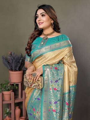 Cream Banarasi Tissue Silk Saree Paithani Woven Border And Classic Pallu With Blouse 4