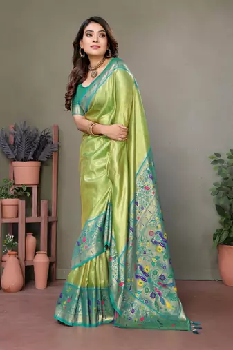 Parrot Green Banarasi Tissue Silk Saree Paithani Woven Border And Classic Pallu With Blouse