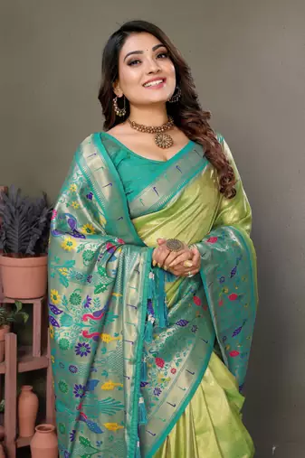 Parrot Green Banarasi Tissue Silk Saree Paithani Woven Border And Classic Pallu With Blouse