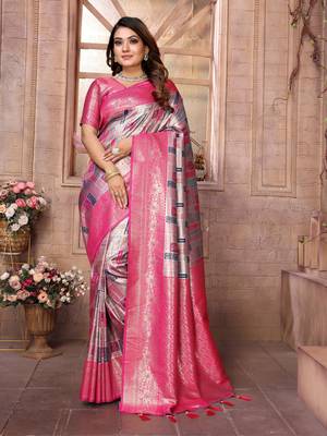 Violet Faux Banarasi Saree With Jari Weaving Border And Weaving Rich Pallu With Contrast  Blouse 1