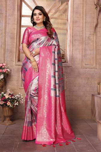 Violet Faux Banarasi Saree With Jari Weaving Border And Weaving Rich Pallu With Contrast  Blouse