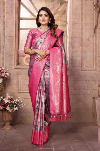 Violet Faux Banarasi Saree With Jari Weaving Border And Weaving Rich Pallu With Contrast  Blouse
