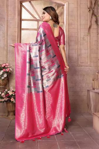 Violet Faux Banarasi Saree With Jari Weaving Border And Weaving Rich Pallu With Contrast  Blouse