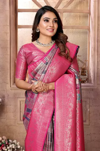 Violet Faux Banarasi Saree With Jari Weaving Border And Weaving Rich Pallu With Contrast  Blouse