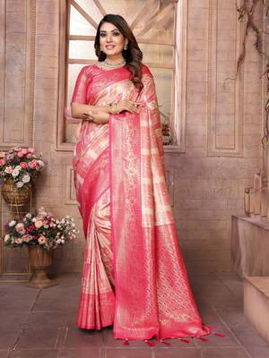 Pink Faux Banarasi Saree With Jari Weaving Border And Weaving Rich Pallu With Contrast  Blouse 1
